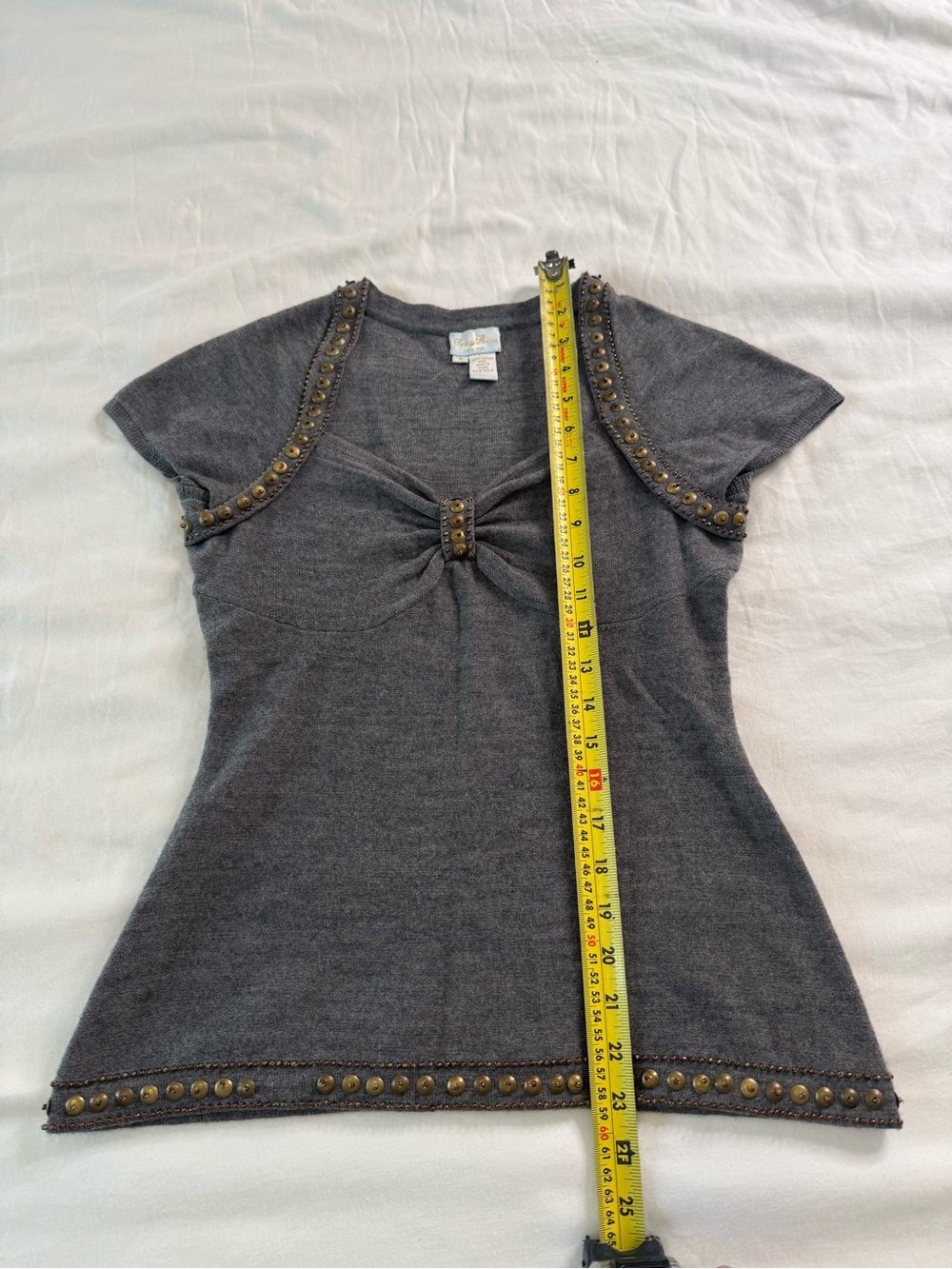 Taryn Rose 100% Merino Wool Studded Sweater Y2K Boho Glam Gray S - Picture 8 of 12